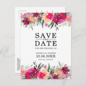 水彩フローラピンクウェディング日付を保存 案内ポストカード (正面/裏面)