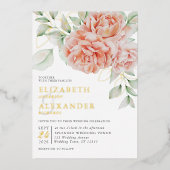水彩フローラピンクエレガントな結婚式金ゴールド 箔招待状 (正面)