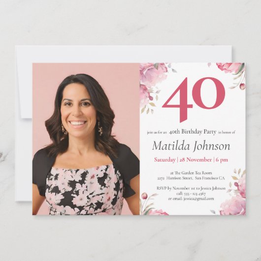 水彩フローラピンクカスタムの写真40歳の誕生日 招待状 (正面)