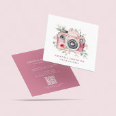 水彩フローラピンクカメラフォトグラファーQRコード スクエア名刺