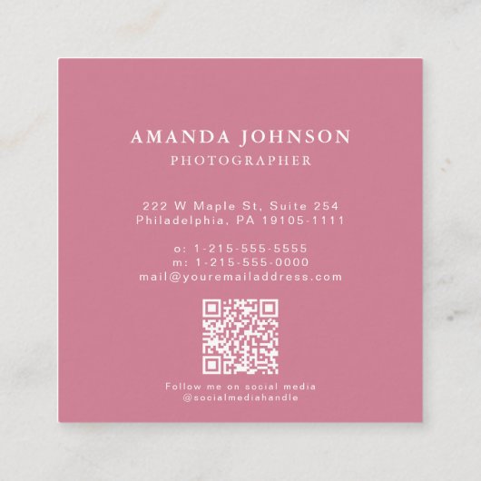 水彩フローラピンクカメラフォトグラファーQRコード スクエア名刺 (裏面)