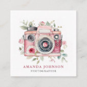 水彩フローラピンクカメラフォトグラファーQRコード スクエア名刺 (正面)