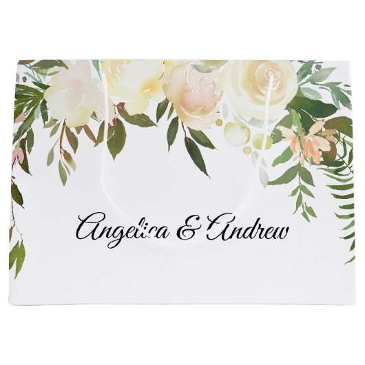 水彩フローラピンククリームアイボリーウェディングシャワー ラージペーパーバッグ (正面)