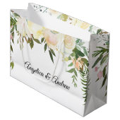 水彩フローラピンククリームアイボリーウェディングシャワー ラージペーパーバッグ (正面アングル)