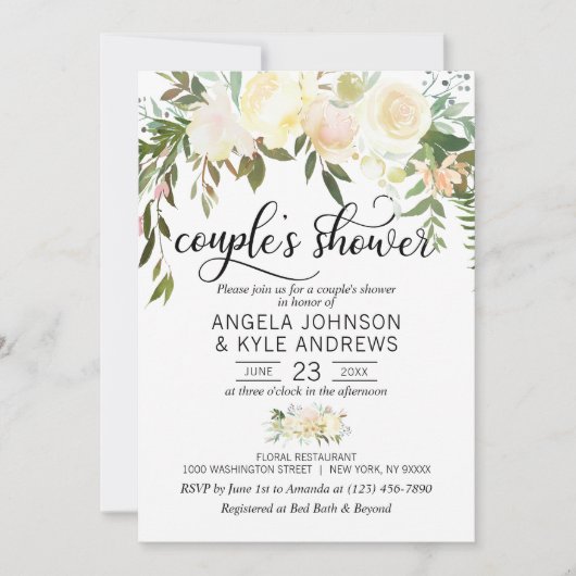 水彩フローラピンククリームアイボリーカップルのシャワー 招待状 (正面)