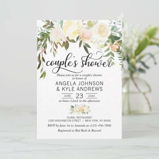 水彩フローラピンククリームアイボリーカップルのシャワー 招待状 (スタンド正面)