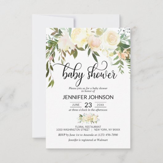 水彩フローラピンククリームアイボリーベビーシャワー 招待状 (正面)
