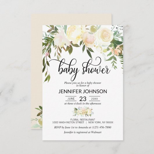 水彩フローラピンククリームアイボリーベビーシャワー 招待状 (正面/裏面)