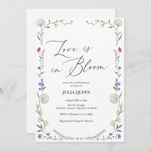 水彩フローラピンクグリーンブライダルシャワー 招待状 (正面/裏面)