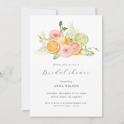 水彩フローラピンクグリーンブライダルシャワー 招待状 (正面)