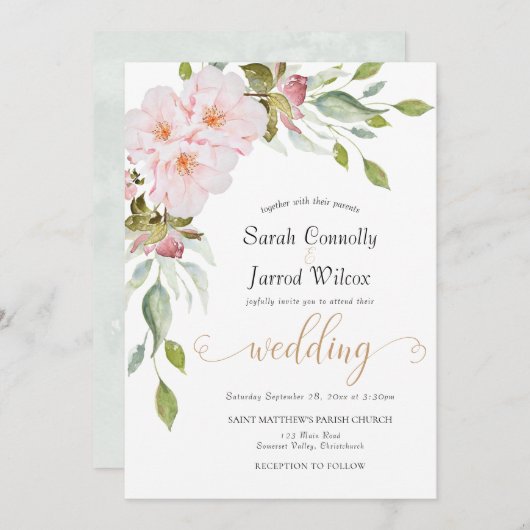 水彩フローラピンクグリーン結婚式招待状 招待状 (正面/裏面)