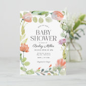 水彩フローラピンクグリーン赤ちゃんシャワー 招待状 (スタンド正面)