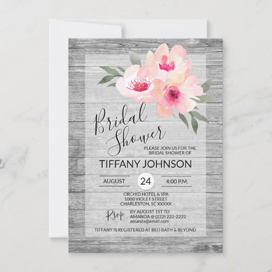 水彩フローラピンクグレー素朴ブライダルシャワー 招待状 (正面)