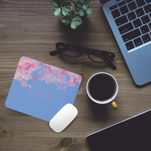 水彩フローラピンクコーラルブルー名マウスパッド マウスパッド
