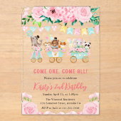 水彩フローラピンクサーカス動物誕生日 アクリル招待状 (正面)