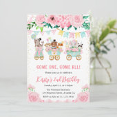 水彩フローラピンクサーカス動物誕生日 招待状 (スタンド正面)