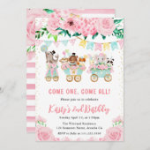 水彩フローラピンクサーカス動物誕生日 招待状 (正面/裏面)