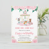 水彩フローラピンクサーカス動物誕生日 招待状 (スタンド正面)