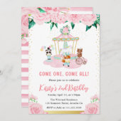 水彩フローラピンクサーカス動物誕生日 招待状 (正面/裏面)