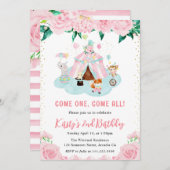 水彩フローラピンクサーカス動物誕生日 招待状 (正面/裏面)