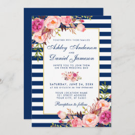 水彩フローラピンクストライプブルー結婚ズB 招待状