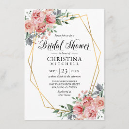 水彩フローラピンクダスティバラブライダルシャワー 招待状