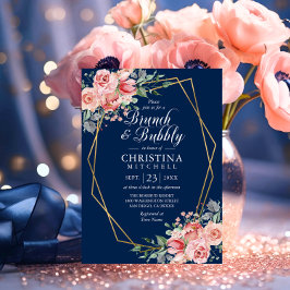 水彩フローラピンクネイビーブルーブランチ 招待状