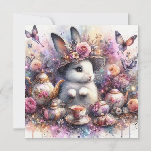 水彩フローラピンクパープルバニーイースターティー シーズンカード (正面)