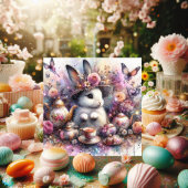 水彩フローラピンクパープルバニーイースターティー シーズンカード