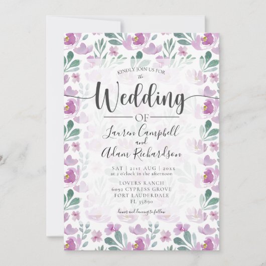 水彩フローラピンクパープル結婚式招待状 招待状 (正面)