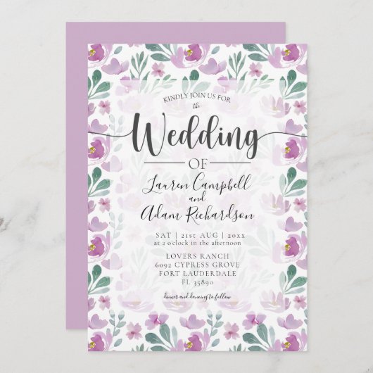 水彩フローラピンクパープル結婚式招待状 招待状 (正面/裏面)