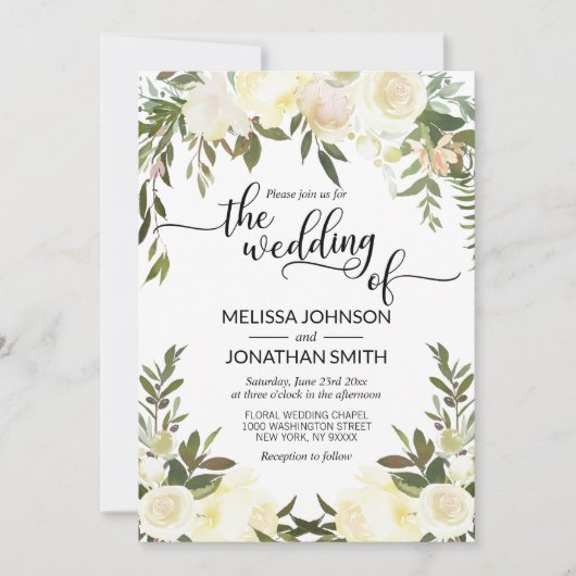 水彩フローラピンクピーチアイボリー金ゴールド結婚ズ 招待状 (正面)