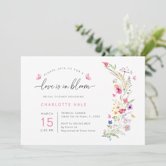 水彩フローラピンクブライダルシャワー 招待状 (スタンド正面)