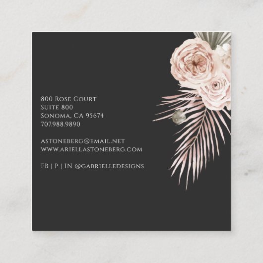 水彩フローラピンクブラックインテリアデザイナー スクエア名刺 (裏面)