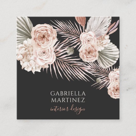 水彩フローラピンクブラックインテリアデザイナー スクエア名刺 (正面)