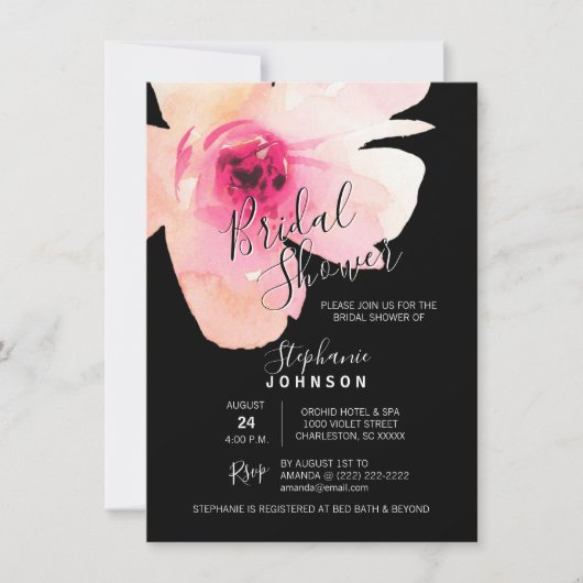 水彩フローラピンクブラックブライダルシャワー 招待状 (正面)