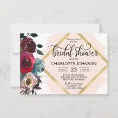 水彩フローラピンクブルゴーニュ金ゴールドブライダルシャワー 招待状 (正面)