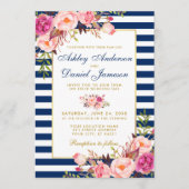 水彩フローラピンクブルーストライプ金ゴールド結婚ズ 招待状 (正面)