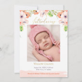 水彩フローラピンクベビーガールフォト誕生 案内状 (正面)