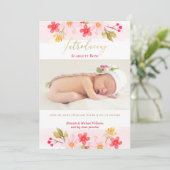 水彩フローラピンクベビーガールフォト誕生 案内状 (スタンド正面)