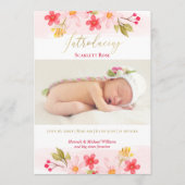 水彩フローラピンクベビーガールフォト誕生 案内状 (正面)