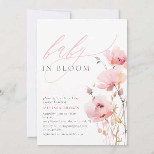 水彩フローラピンクベビーガール赤ちゃんシャワー 招待状 (正面)