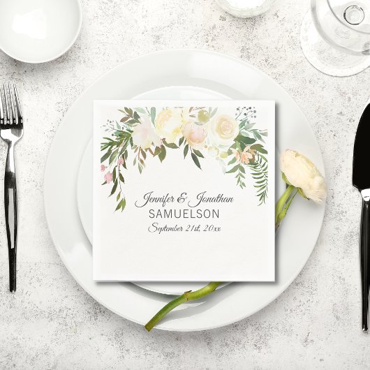 水彩フローラピンクベージュアイボリーリース結婚ズ スタンダードカクテルナプキン