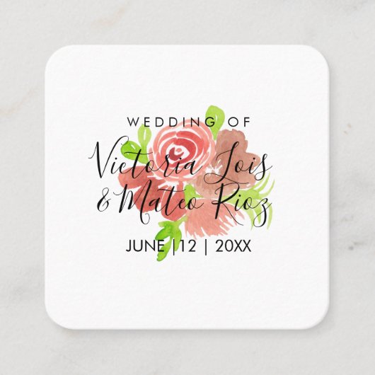 水彩フローラピンクベージュ赤面リーフ結婚ズ スクエア名刺 (正面)
