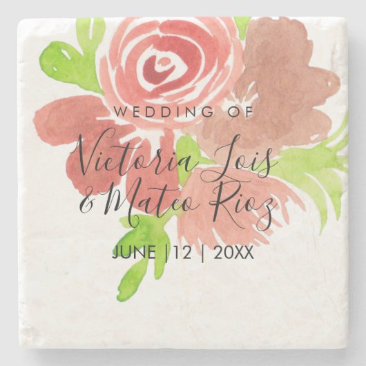 水彩フローラピンクベージュ赤面リーフ結婚ズ ストーンコースター (正面)