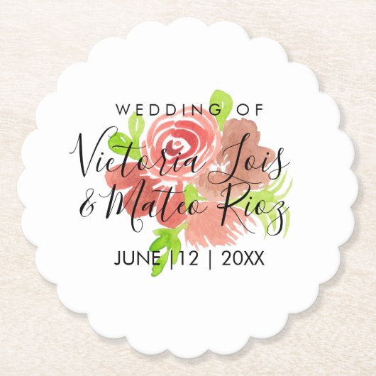 水彩フローラピンクベージュ赤面リーフ結婚ズ ペーパーコースター (正面)
