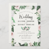 水彩フローラピンクホワイトグリーン結婚ズカード 招待状 (正面/裏面)