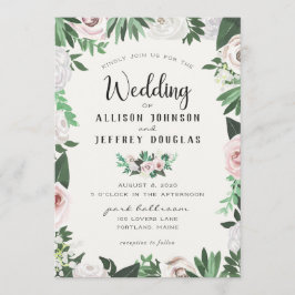 水彩フローラピンクホワイトグリーン結婚ズカード 招待状