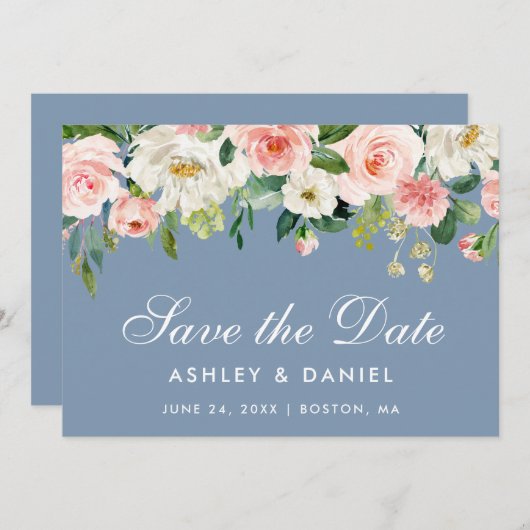 水彩フローラピンクホワイトダスティブルー セーブザデート (正面/裏面)