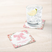 水彩フローラピンクボウ女の子の赤ちゃんシャワー スクエアペーパーコースター (インサイチュ)